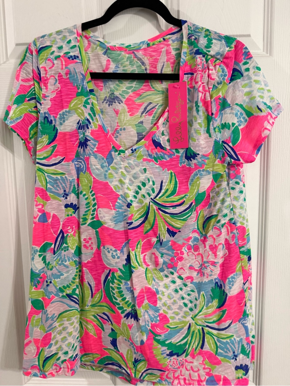 NWT Bright Floral Etta V-Neck Women's Top by Lilly Pulitzer - Pink Multi Large